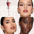 Close-up of Huda Beauty Bombshell shade lip gloss and liner duo with tan filter effec