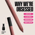 Huda Beauty Juicy Bombshell lip set packaging highlighting benefits: ultra glide, transfer-proof, and all-day wear