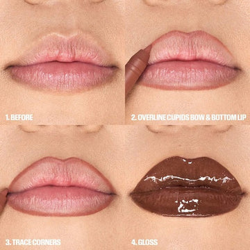 "Step-by-step tutorial image showing how to apply HUDA BEAUTY lip liner and gloss for fuller lips.