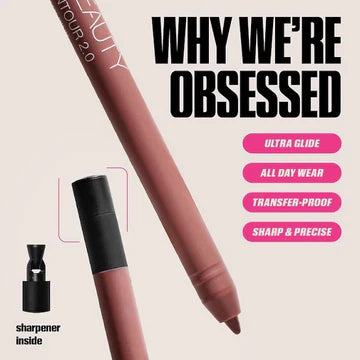 HUDA BEAUTY Juicy Coco Lip Gloss and Liner Set packaging highlighting transfer-proof, long-wear formula with included sharpener for precise application