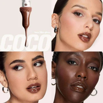 HUDA BEAUTY Juicy Coco Lip Gloss in Gold paired with Lip Contour 2.0 in Terracotta—a hydrating, non-sticky gloss and creamy matte liner for defined, glossy lips