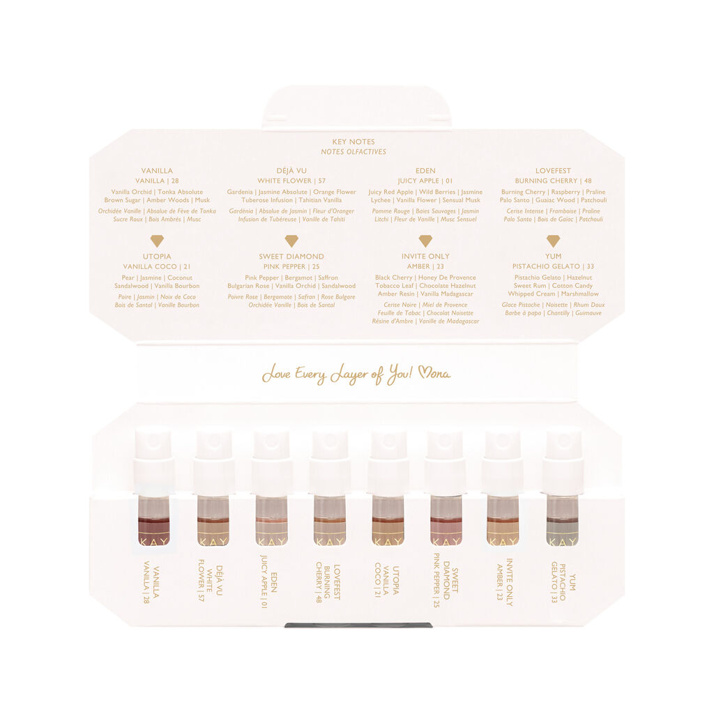 Huda Beauty's KAYALI Discovery Layering Set featuring 8 luxury perfume miniatures (1.5ml each) for creating custom fragrance combinations. The sleek packaging displays the brand's elegant typography with 'KAYALI' prominently featured.