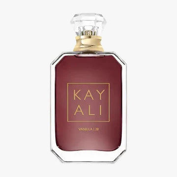 HUDA BEAUTY Kayali Vanilla 28 Eau de Parfum - 100ml luxury perfume bottle with gold accents, showcasing a rich oriental gourmand fragrance with notes of vanilla orchid, tonka bean, and amber woods