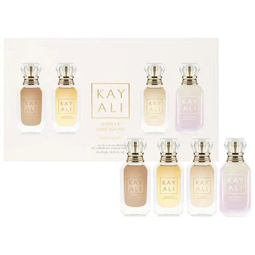KAYALI Vanilla Perfume Set showing four mini bottles in a gift box