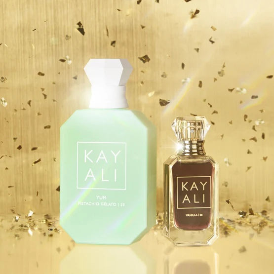 Close-up of Kayali Yummy Vanilla Perfume Set packaging, showcasing the brand logo and minimalist design