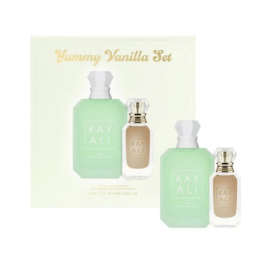 Close-up of Kayali Yummy Vanilla Perfume Set packaging, showcasing the brand logo and minimalist design