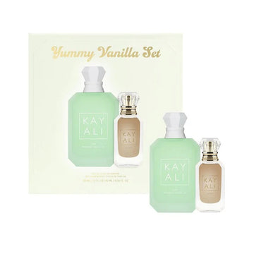 Close-up of Kayali Yummy Vanilla Perfume Set packaging, showcasing the brand logo and minimalist design