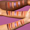 Arm swatches of all 9 Jaguar palette shades on light, medium & deep skin tones showing consistent pigment - matte purples, metallic greys and python shimmer perform equally across complexions