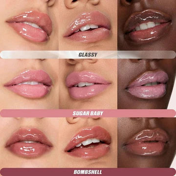 Huda Beauty Mini Glossiest Lip Gloss Set packaging with brand logo, showing three mini glosses in travel-friendly size