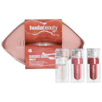 Huda Beauty Mini Glossiest Lip Gloss Set packaging with brand logo, showing three mini glosses in travel-friendly size