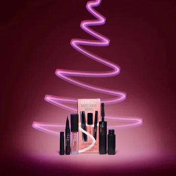 Huda Beauty Must-Have Minis Lip & Eye Set featuring three mini luxury makeup products for eyes and lips in limited-edition packaging
