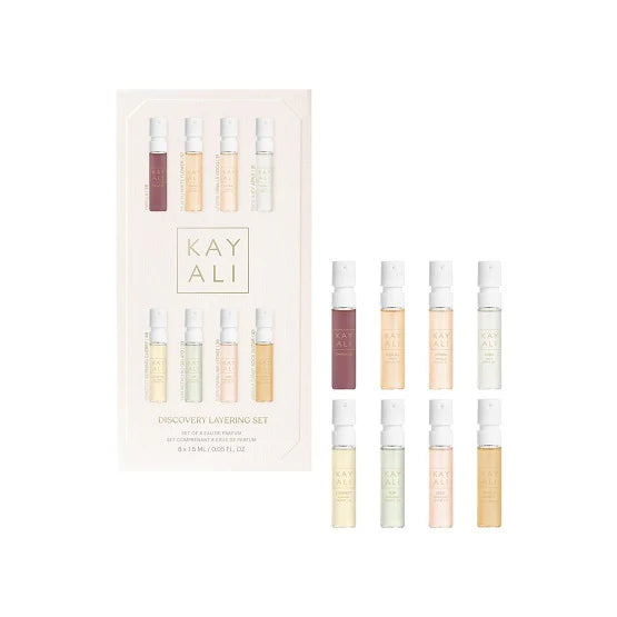 KAYALI Discovery Layering Set featuring eight miniature luxury fragrances for scent mixing and personalization