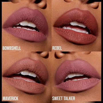 HUDA BEAUTY Pretty Grunge Liquid Matte Lipstick mini set showing full-coverage matte lip colors Bombshell, Rebel, Maverick, and Sweet Talker