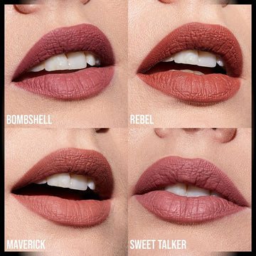 Close-up of HUDA BEAUTY Pretty Grunge Liquid Matte Lipstick shades: Bombshell, Rebel, Maverick, and Sweet Talker
