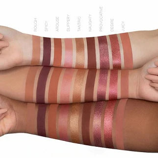 Naughty Nude Eyeshadow Palette by HUDA BEAUTY displaying nine neutral shades from light beige to deep bronze with their names: ROUGH, SHOY, AROUGE, SUPPERLY, TAKING, MUDNITY, PROVOCATIVE, GESTIVE, and LUCKY
