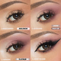 Step-by-step eye makeup tutorial using the HUDA BEAUTY Icy Nude Palette, featuring Avalanche on the inner corner, Lavish and Faux Fur on the outer edge, Platinum for highlight, and a finished look with eyeliner and lashes