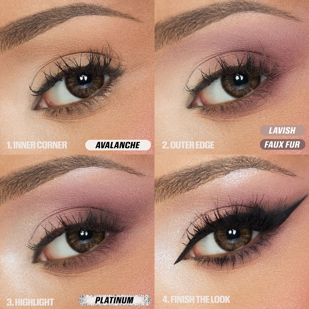 Step-by-step eye makeup tutorial using the HUDA BEAUTY Icy Nude Palette, featuring Avalanche on the inner corner, Lavish and Faux Fur on the outer edge, Platinum for highlight, and a finished look with eyeliner and lashes