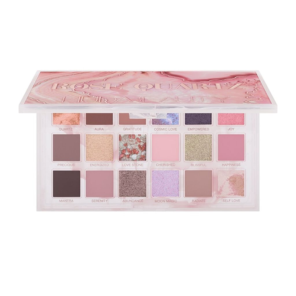 Open Rose Quartz Eyeshadow Palette featuring 18 shades in a mix of matte, metallic, shimmer, and marbled finishes arranged in a luxurious pink-toned case with a crystal-inspired lid design.