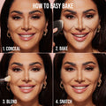 Close-up of a model's face showing smooth, matte makeup finish after baking with Easy Bake Powder

