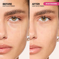 Side-by-side before and after demonstration of Huda Beauty's Easy Blur Primer showing instant smoothing effect with no retouching.
