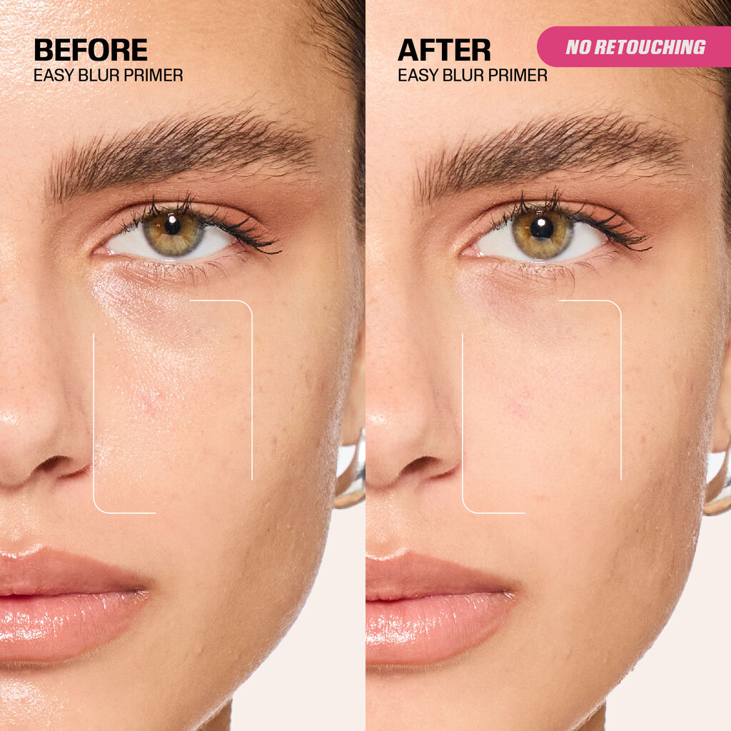 Side-by-side before and after demonstration of Huda Beauty's Easy Blur Primer showing instant smoothing effect with no retouching.