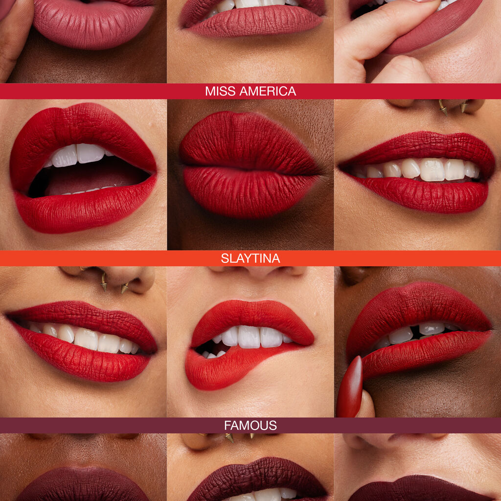 Close-up lip swatches of Huda Beauty Liquid Matte Lipstick shades in red tones—Miss America, Slaytina, and Famous—showcased on diverse models, highlighting the bold, matte finish and full coverage of each color