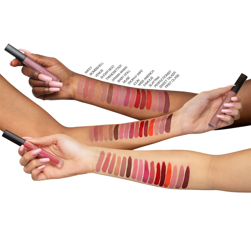 Huda Beauty Liquid Matte Lipstick in shade Miss America—product image featuring the sleek tube and doe-foot applicator, showcasing the bold red color and elegant packaging