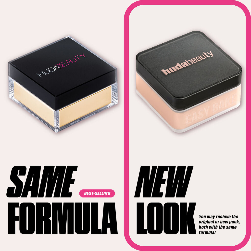 Comparison of Huda Beauty Easy Bake Loose Powder old and new packaging with same best-selling formula

