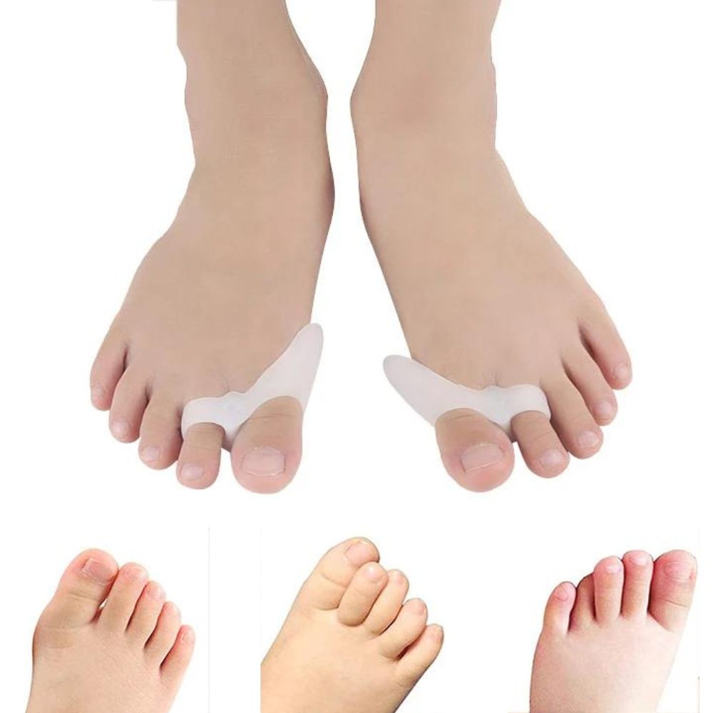 Foot with a bunion corrector and illustrations of its benefits on a white background