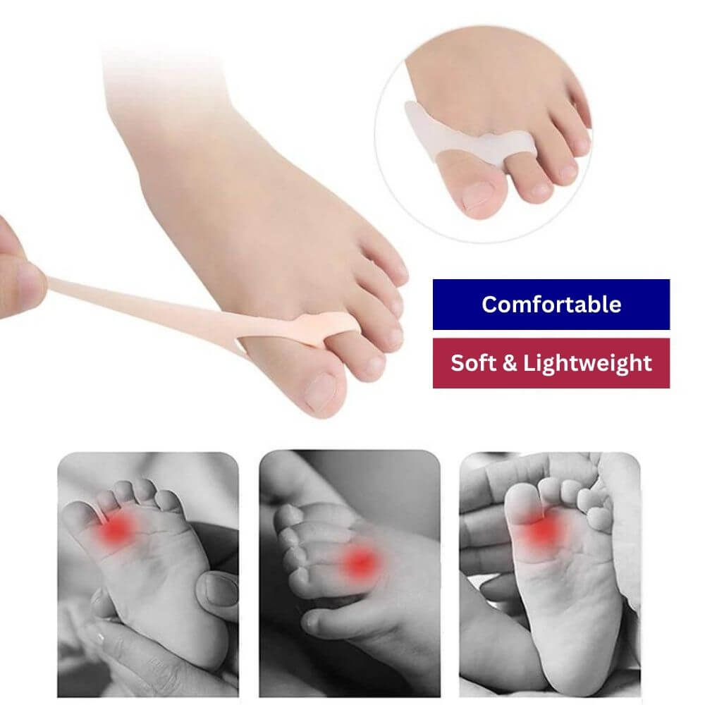 Product showing a toe separator with text indicating comfort, softness, and lightness.