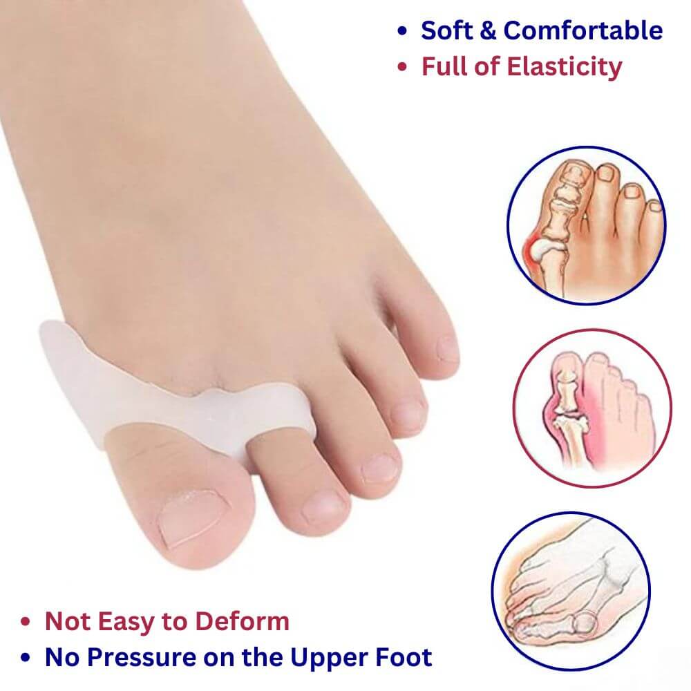Foot with a bunion corrector and illustrations of its benefits on a white background