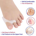 Foot with a bunion corrector and illustrations of its benefits on a white background