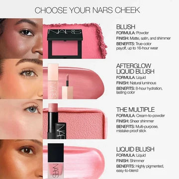 Makeup artist applying NARS Orgasm Liquid Blush to model's cheeks for a natural flushed look