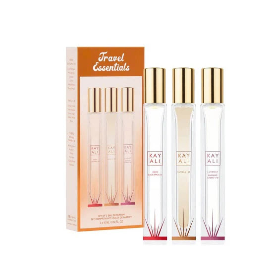 Kayali travel-sized perfume set packaging showing multiple mini bottles