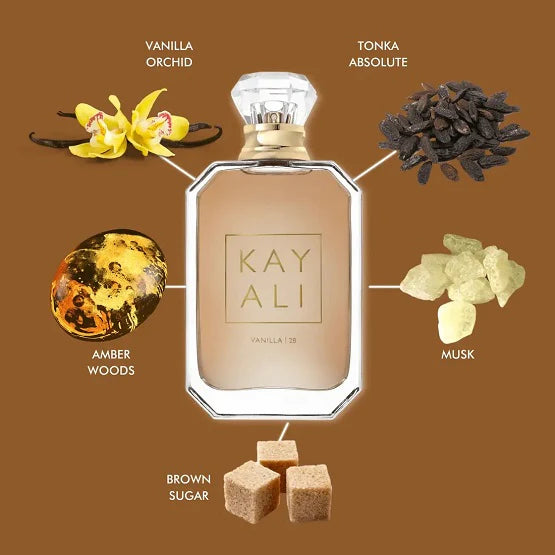 Kayali perfume set packaging displaying warm scent notes like vanilla and tonka bean