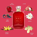 Kayali perfume set packaging showing fruity scent notes like lychee and red apple