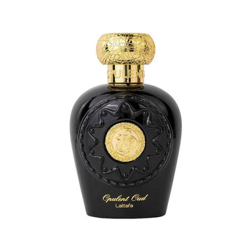 Black and gold perfume bottle with 'Lattafa' branding on a white background