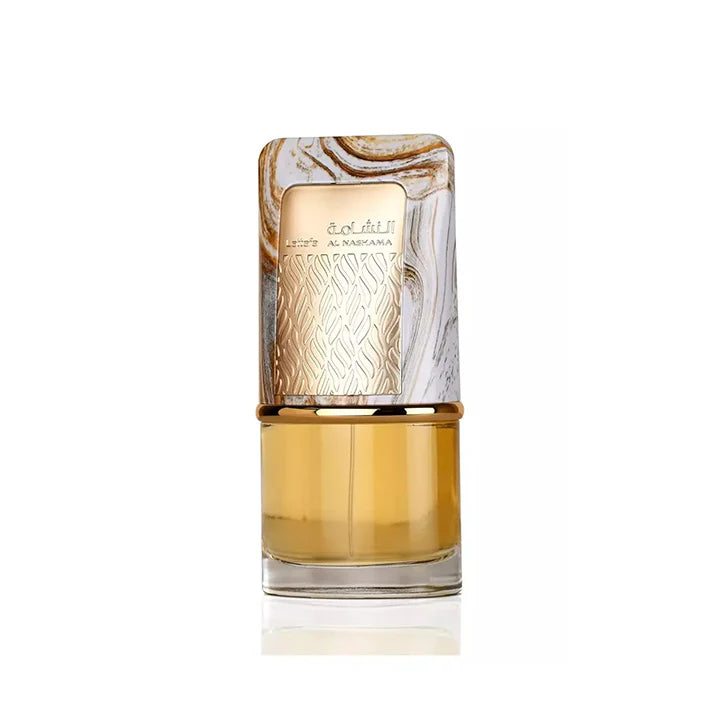 Perfume bottle with gold and marble design on a white background