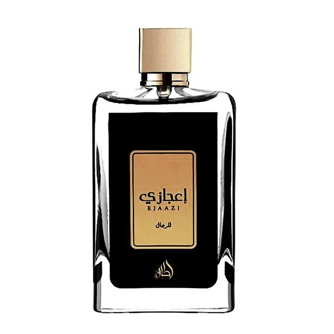 Perfume bottle with gold cap and black label on a white background