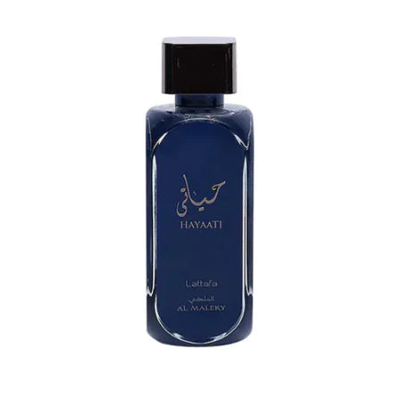Blue perfume bottle with black cap on a white background