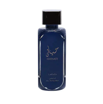 Blue perfume bottle with black cap on a white background