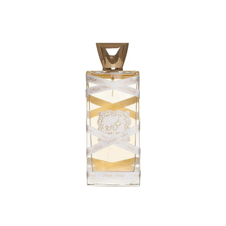Perfume bottle with gold and white design on a white background