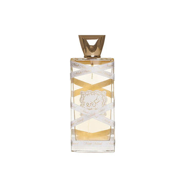 Perfume bottle with gold and white design on a white background