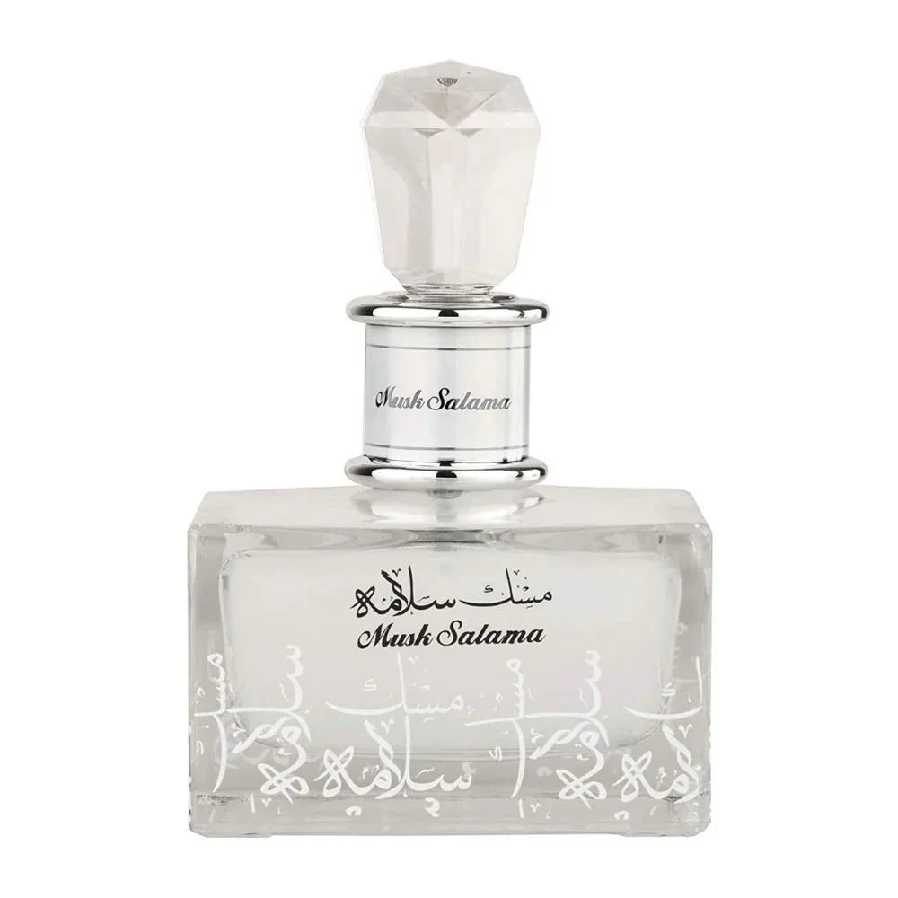 Perfume bottle with intricate design and 'Mush Salama' branding on a white background