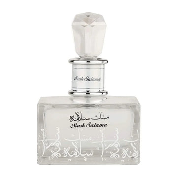 Perfume bottle with intricate design and 'Mush Salama' branding on a white background