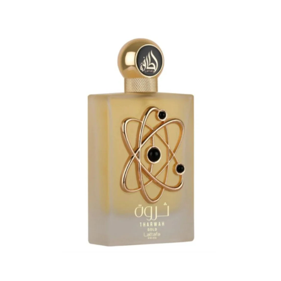 Perfume bottle with gold cap and design on a white background
