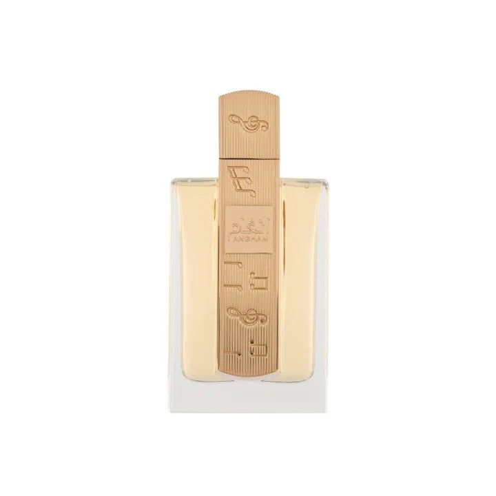 Gold perfume bottle with brand logo on a white background