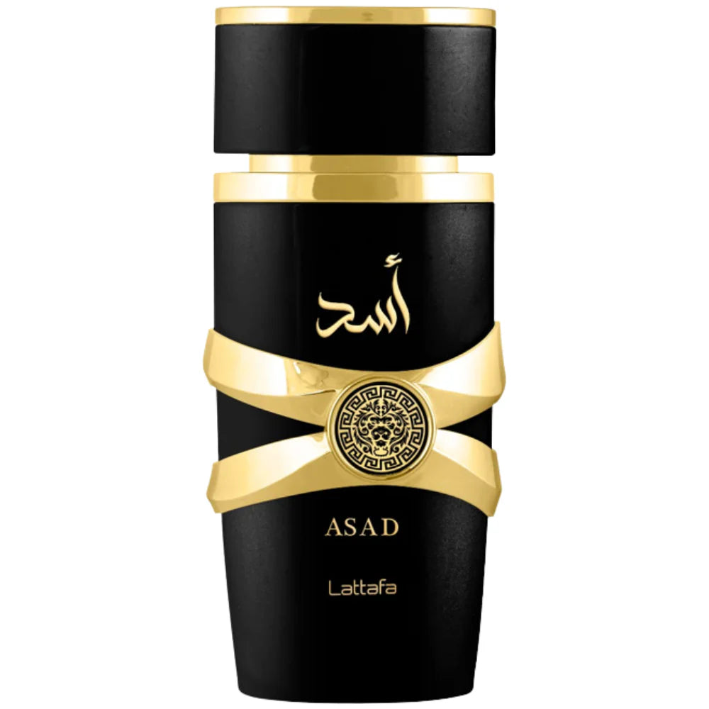 Black and gold perfume bottle with 'Lattafa' branding on a white background