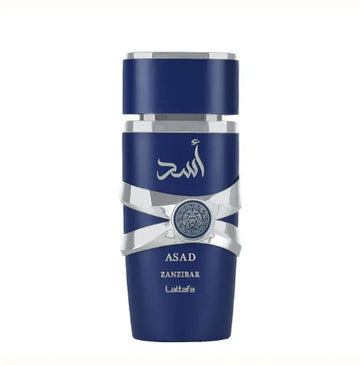 Blue perfume bottle with silver accents on a white background