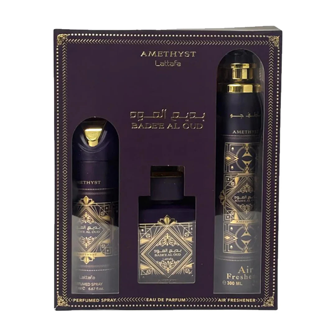Amethyst Lafta perfume set with bottles and packaging on a white background
